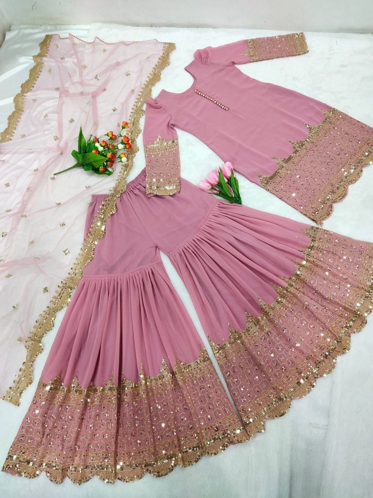 Pink faux georgette embroidery sequence work top, sharara & dupatta