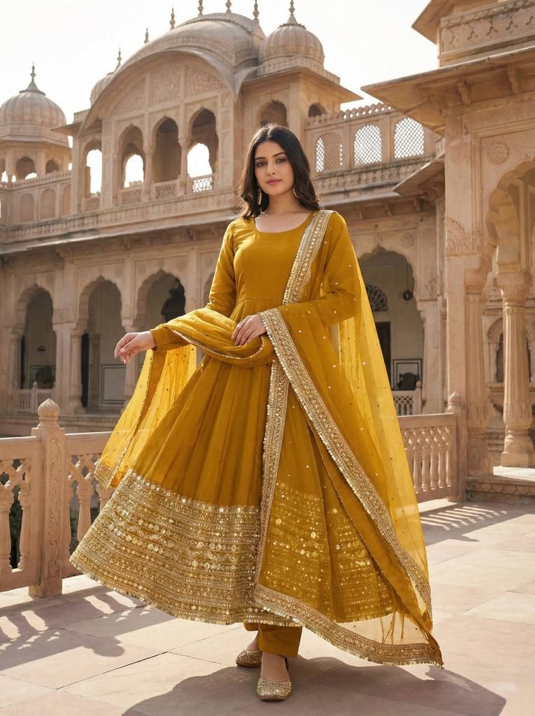 Yellow roman silk sequence work gown, bottom & dupatta set