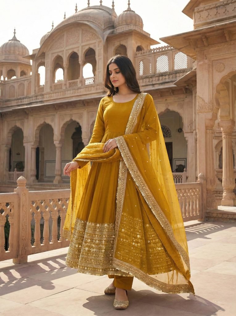 Yellow roman silk sequence work gown, bottom & dupatta set