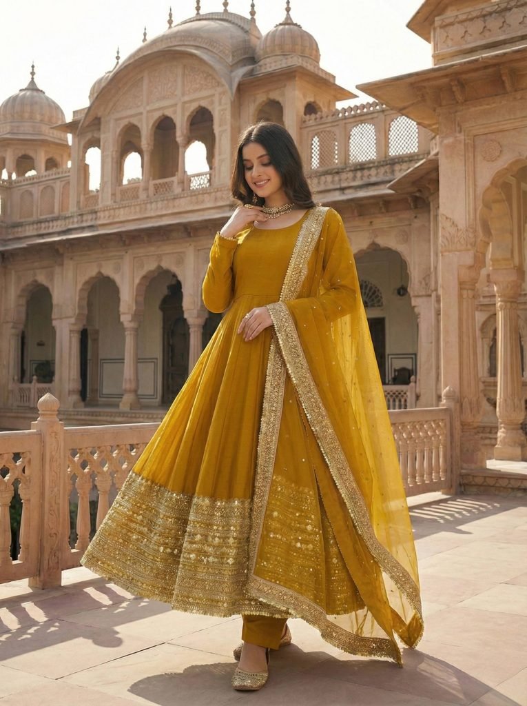 Yellow roman silk sequence work gown, bottom & dupatta set