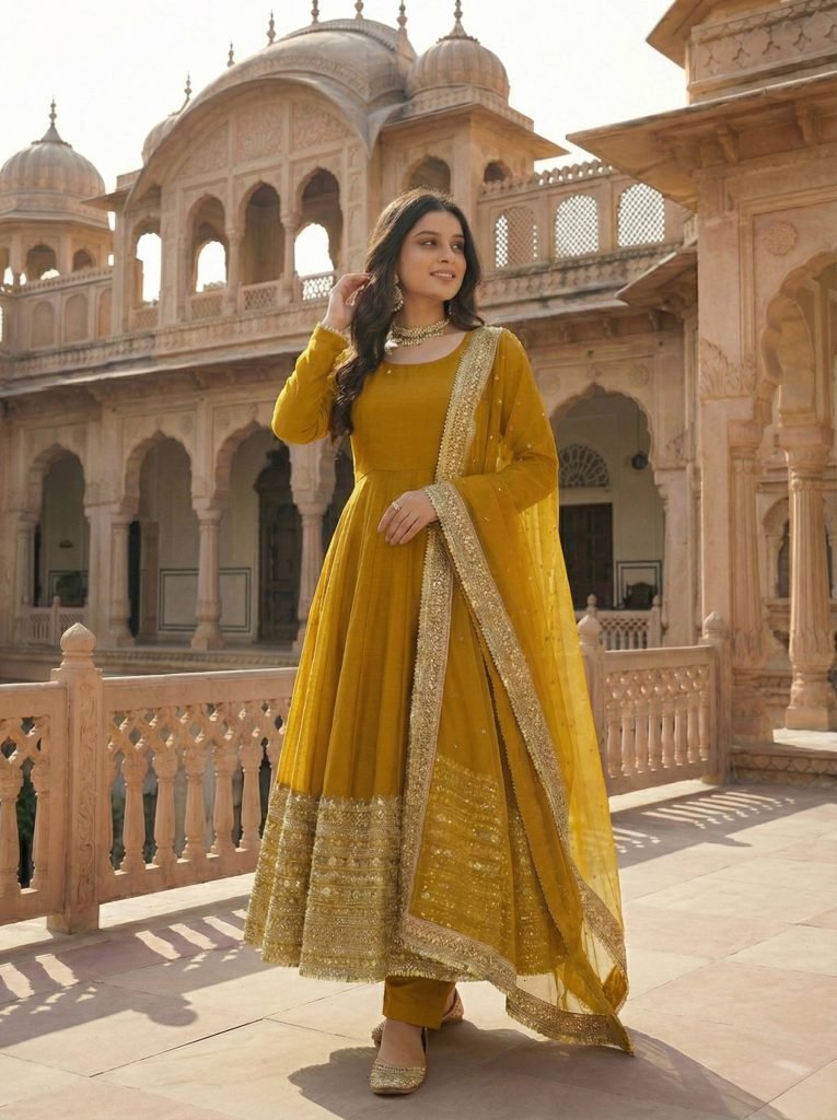 Yellow roman silk sequence work gown, bottom & dupatta set