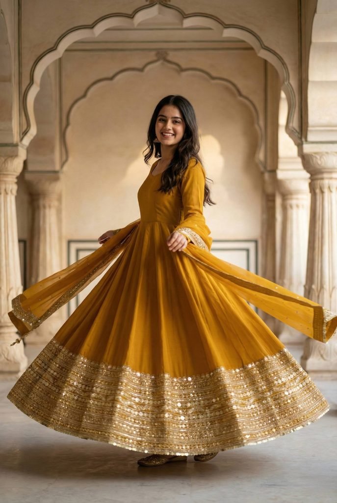Yellow roman silk sequence work gown, bottom & dupatta set