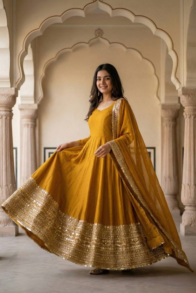 Yellow roman silk sequence work gown, bottom & dupatta set