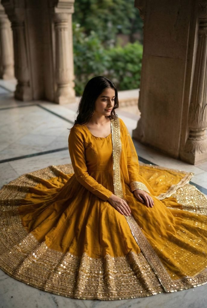 Yellow roman silk sequence work gown, bottom & dupatta set
