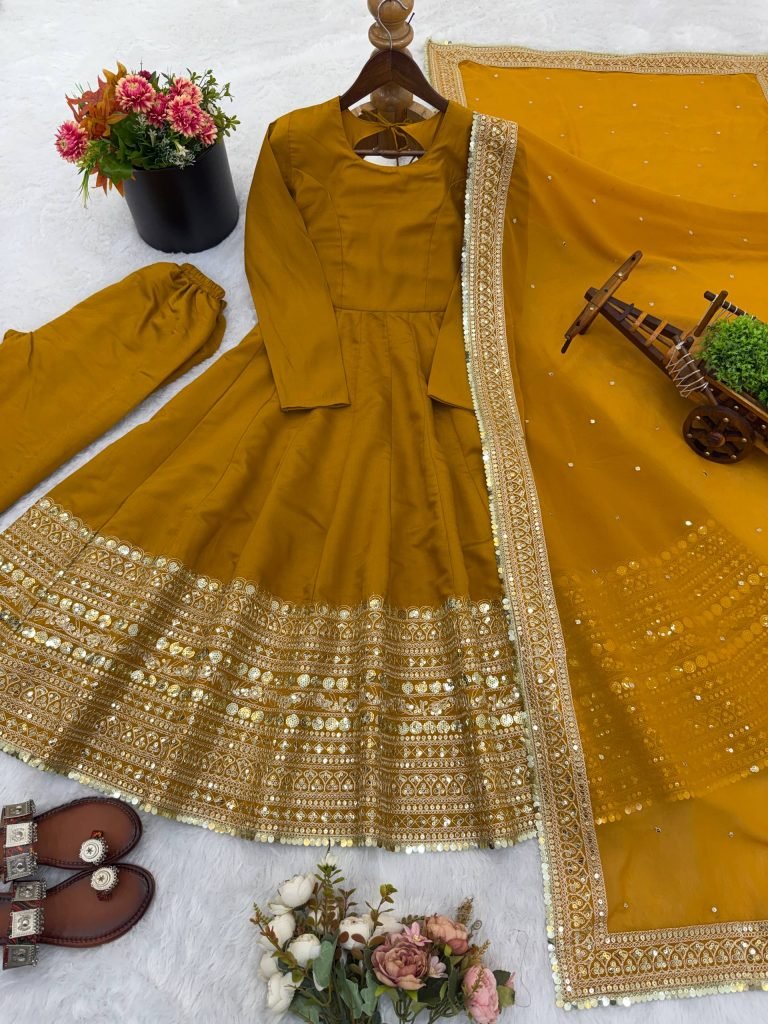 Yellow roman silk sequence work gown, bottom & dupatta set