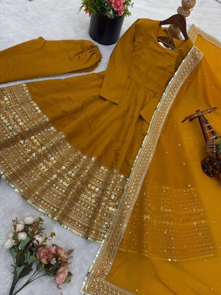 Yellow roman silk sequence work gown, bottom & dupatta set