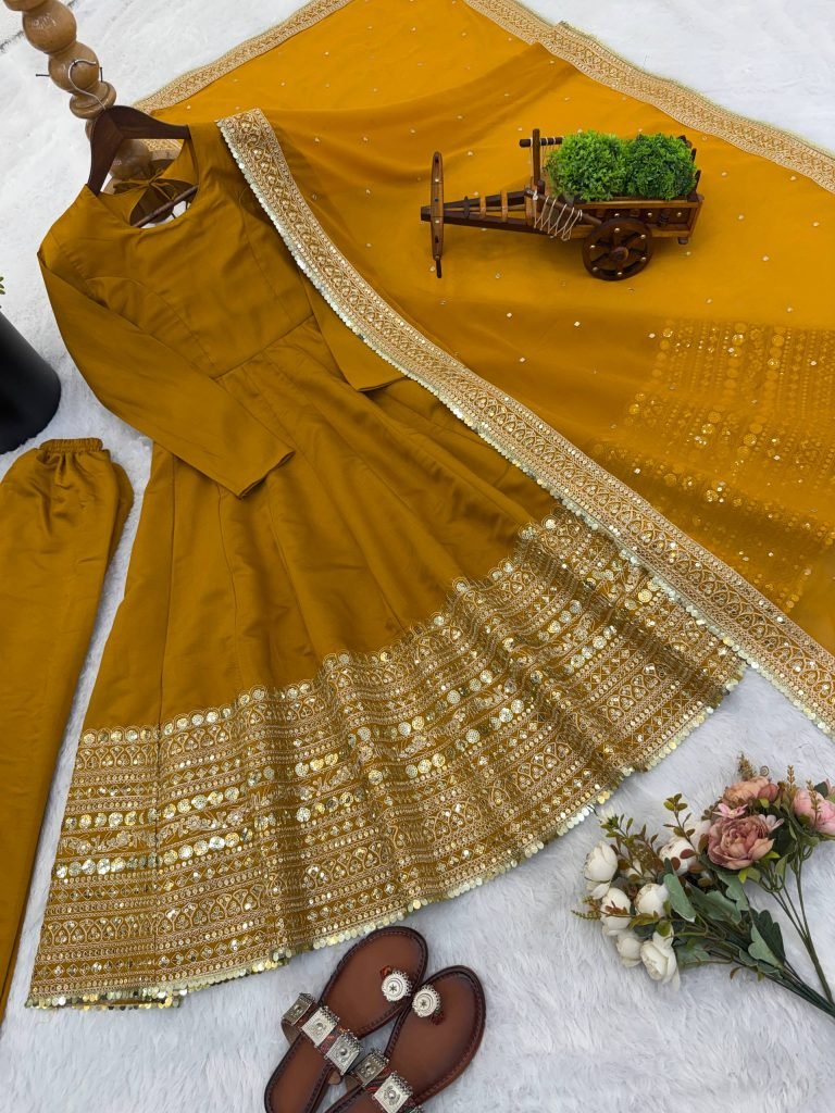 Yellow roman silk sequence work gown, bottom & dupatta set