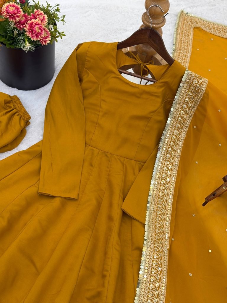 Yellow roman silk sequence work gown, bottom & dupatta set