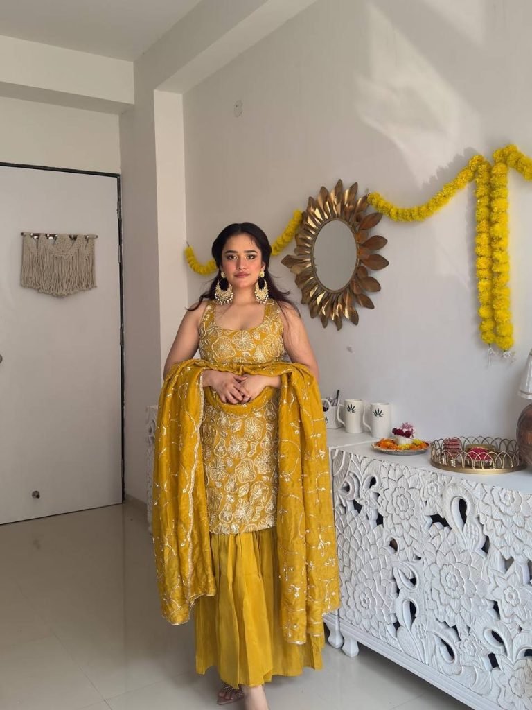 Yellow simmer silk thread with sequence top, sharara and dupatta set