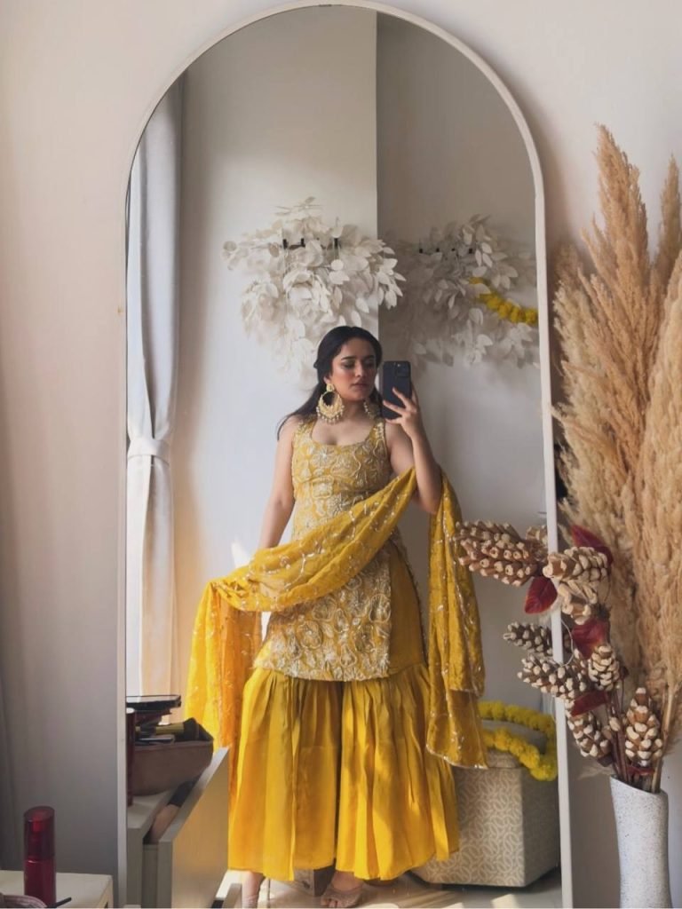 Yellow simmer silk thread with sequence top, sharara and dupatta set