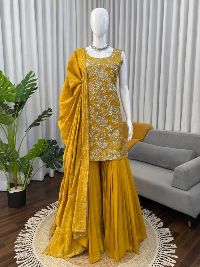 Yellow simmer silk thread with sequence top, sharara and dupatta set