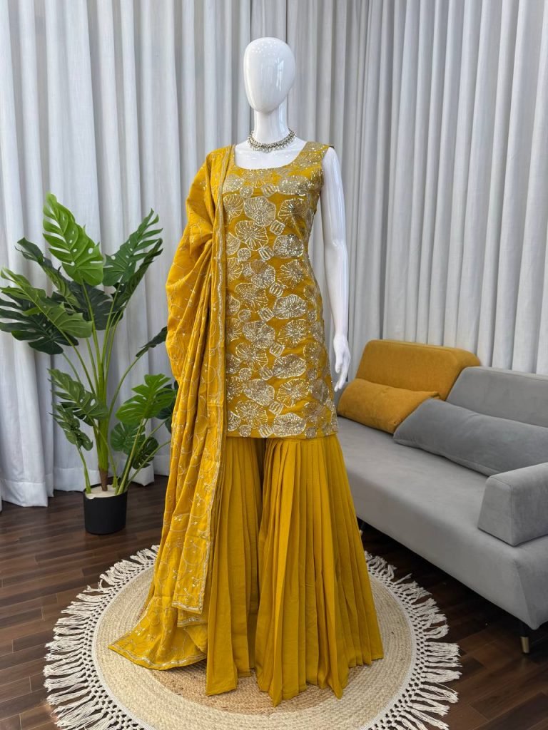 Yellow simmer silk thread with sequence top, sharara and dupatta set