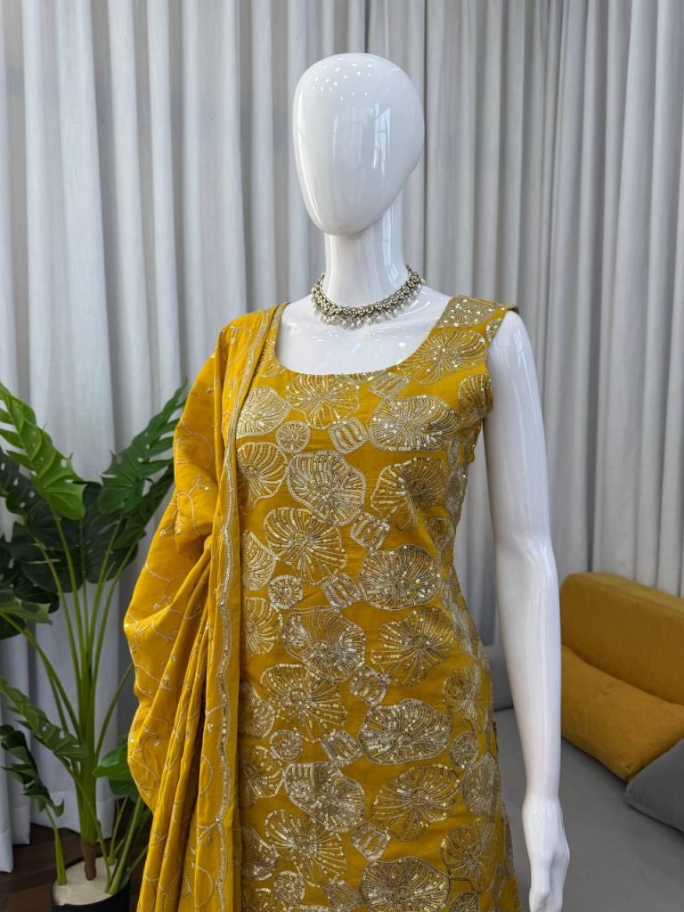 Yellow simmer silk thread with sequence top, sharara and dupatta set