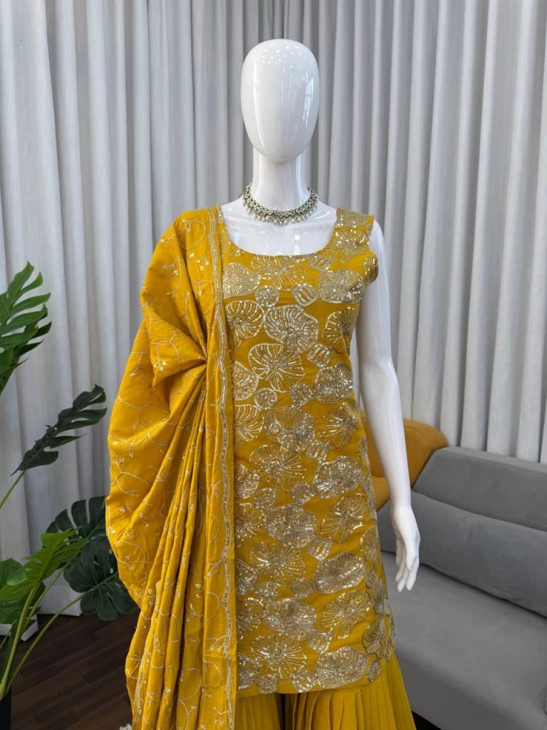 Yellow simmer silk thread with sequence top, sharara and dupatta set