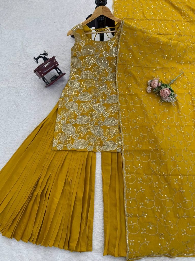 Yellow simmer silk thread with sequence top, sharara and dupatta set