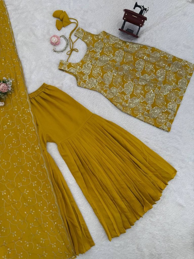 Yellow simmer silk thread with sequence top, sharara and dupatta set