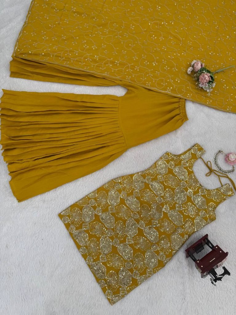 Yellow simmer silk thread with sequence top, sharara and dupatta set