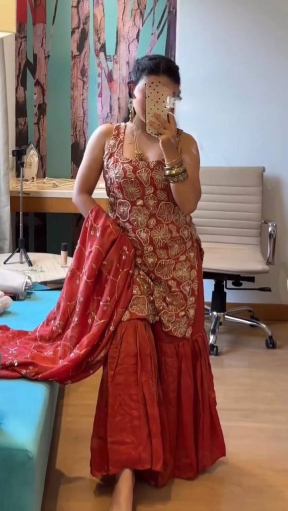 Red simmer silk thread with sequence top, sharara and dupatta set