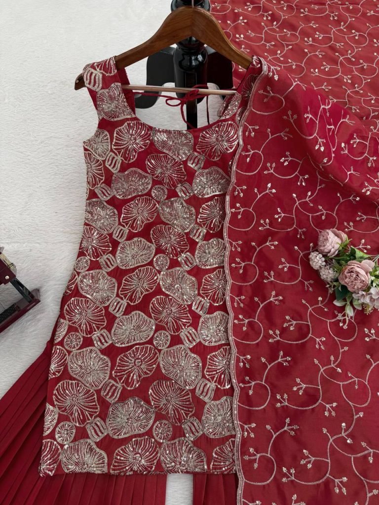 Red simmer silk thread with sequence top, sharara and dupatta set