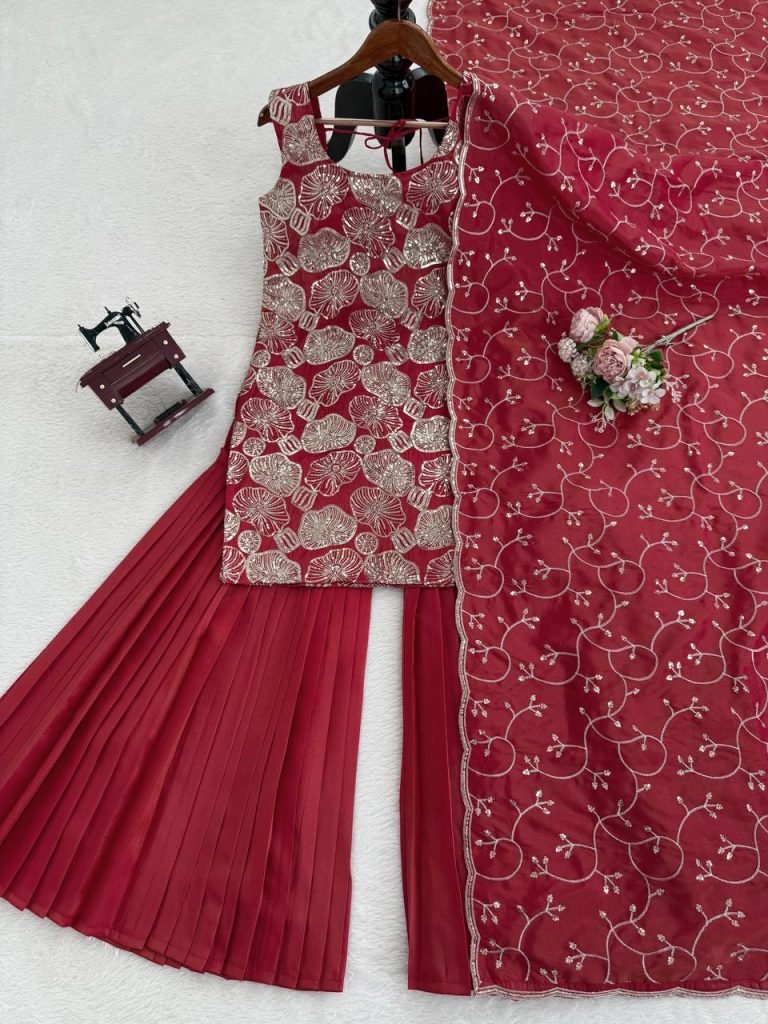 Red simmer silk thread with sequence top, sharara and dupatta set