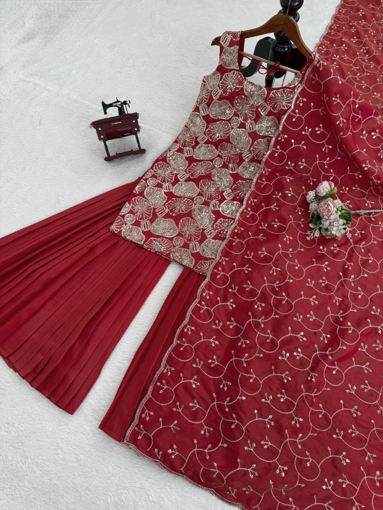 Red simmer silk thread with sequence top, sharara and dupatta set