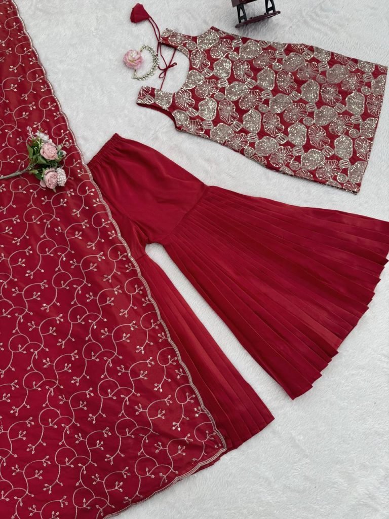 Red simmer silk thread with sequence top, sharara and dupatta set