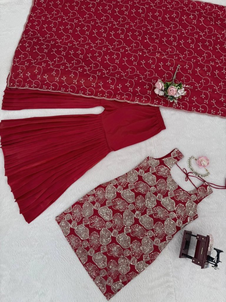 Red simmer silk thread with sequence top, sharara and dupatta set