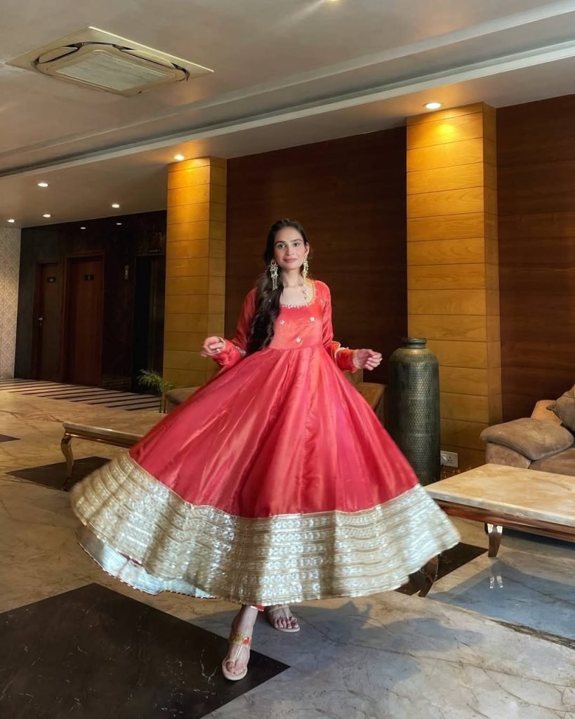 Rose gold chinon silk Coding with sequence anarkali, pant and dupatta set