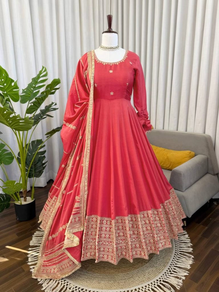 Rose gold chinon silk Coding with sequence anarkali, pant and dupatta set