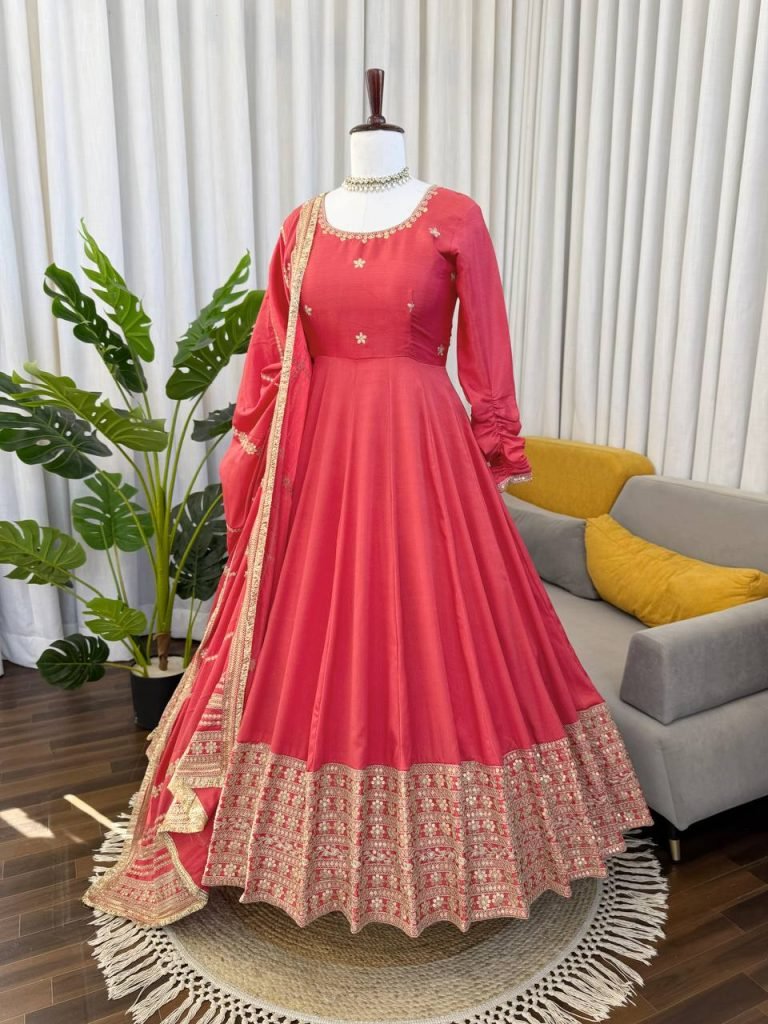 Rose gold chinon silk Coding with sequence anarkali, pant and dupatta set