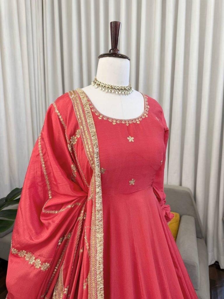 Rose gold chinon silk Coding with sequence anarkali, pant and dupatta set