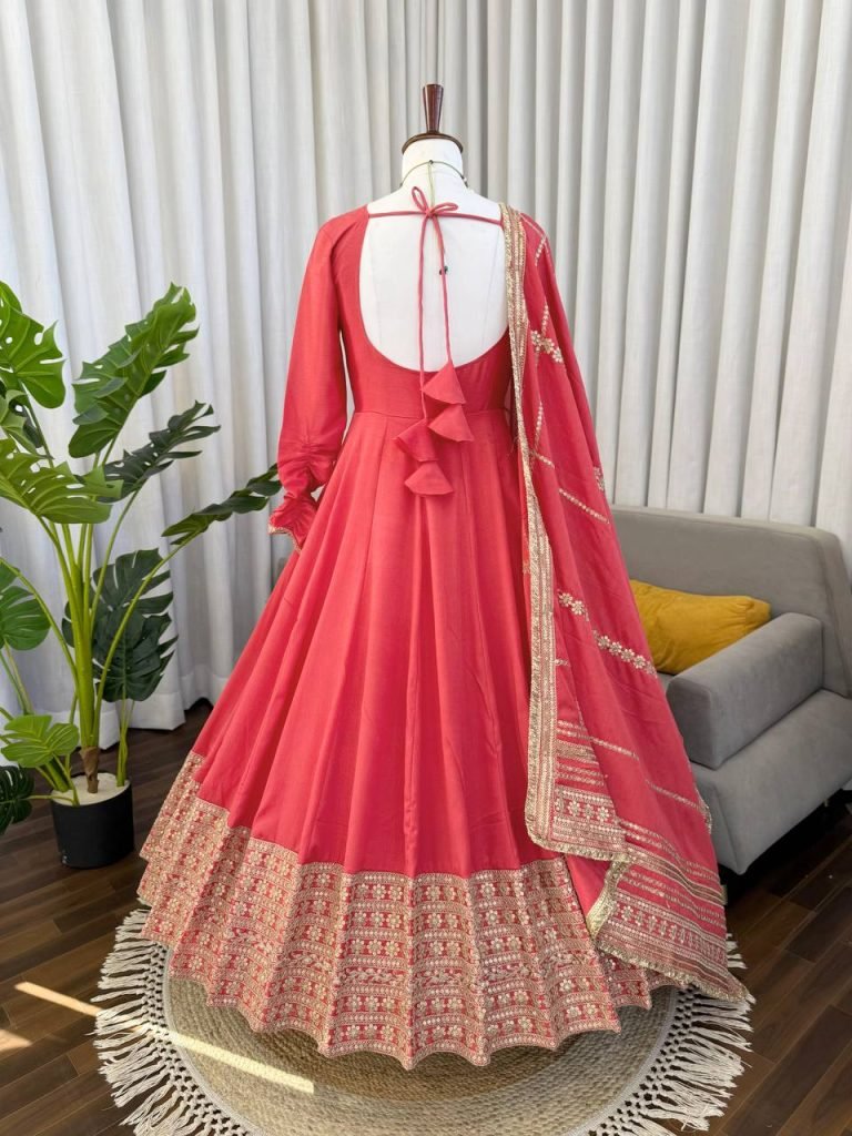 Rose gold chinon silk Coding with sequence anarkali, pant and dupatta set