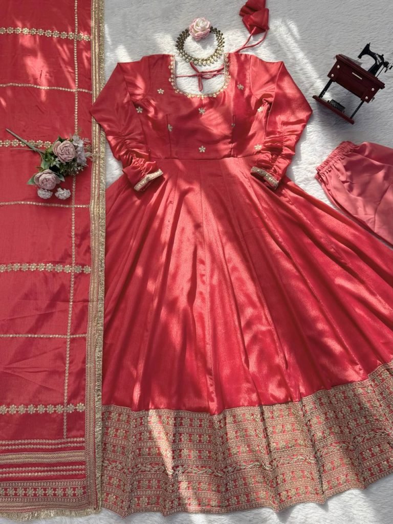 Rose gold chinon silk Coding with sequence anarkali, pant and dupatta set