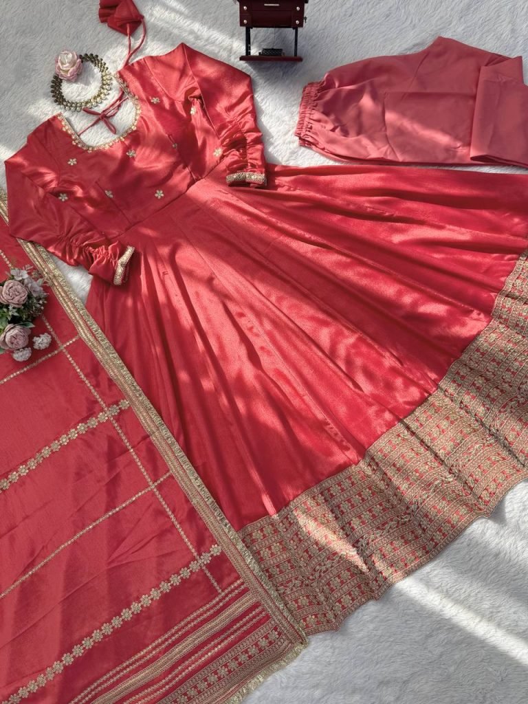 Rose gold chinon silk Coding with sequence anarkali, pant and dupatta set