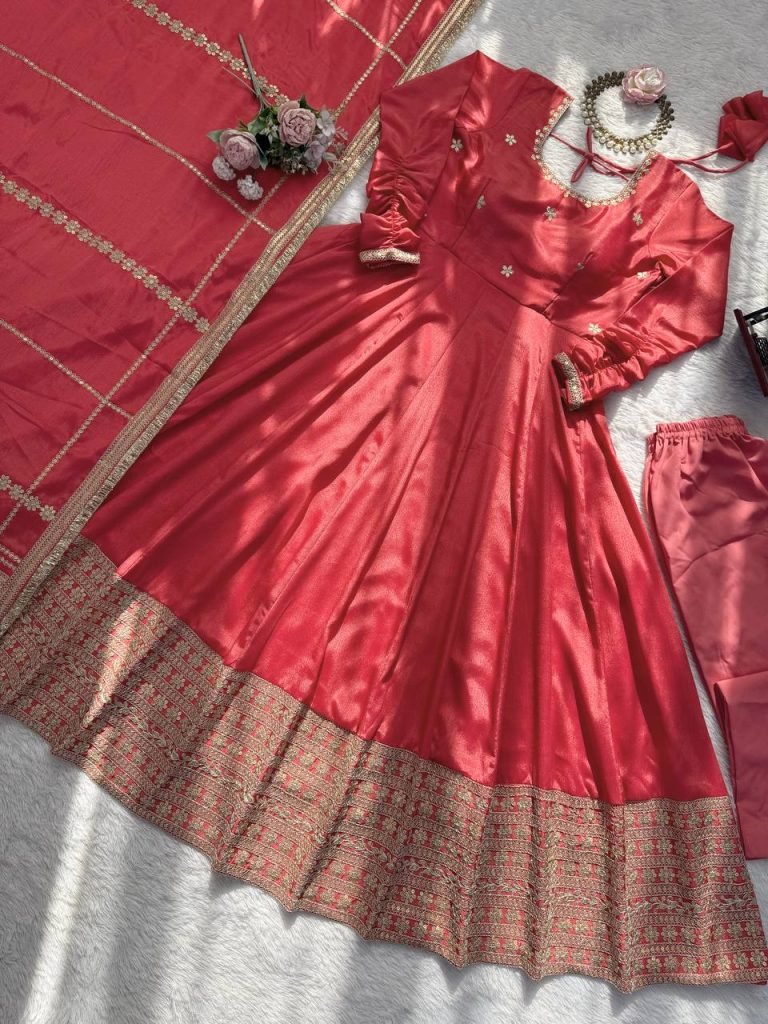 Rose gold chinon silk Coding with sequence anarkali, pant and dupatta set