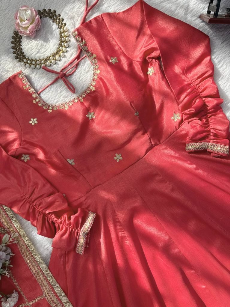 Rose gold chinon silk Coding with sequence anarkali, pant and dupatta set