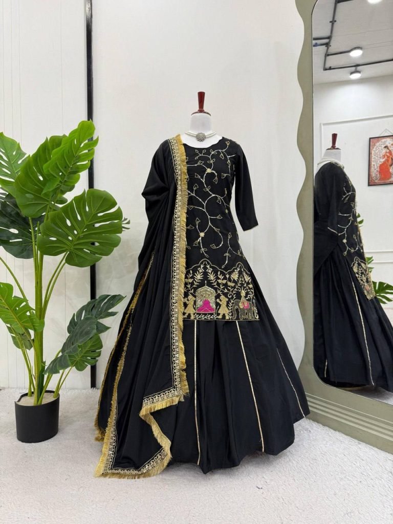 Black crep silk with thread sequence top sharara and dupatta set