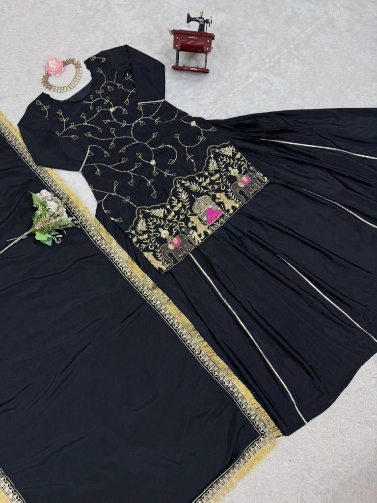 Black crep silk with thread sequence top sharara and dupatta set
