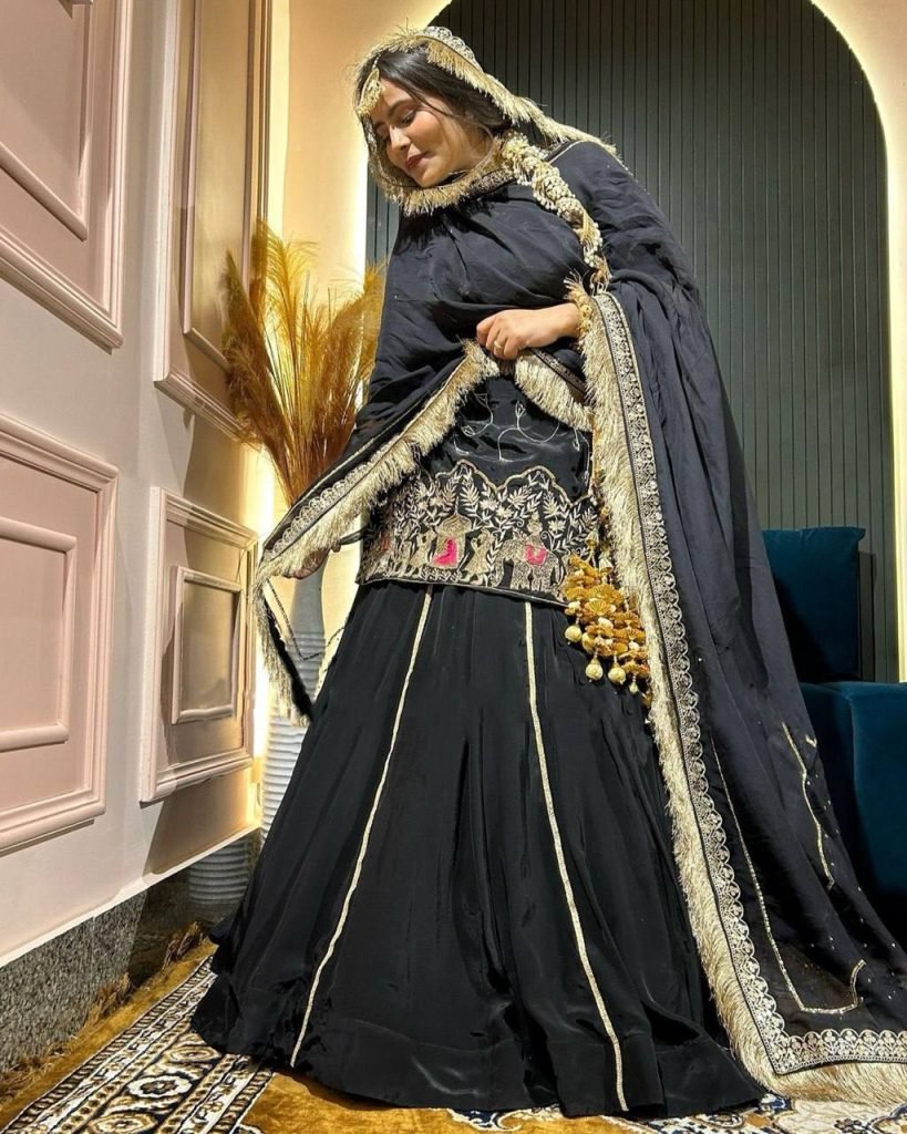 Black crep silk with thread sequence top sharara and dupatta set
