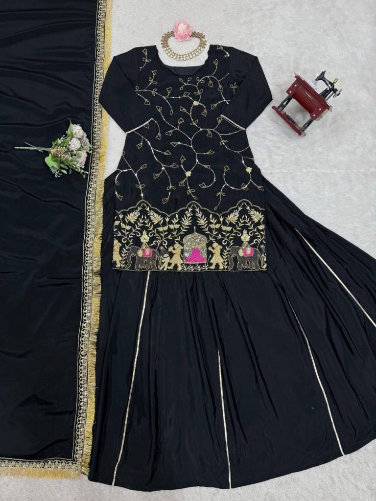 Black crep silk with thread sequence top sharara and dupatta set