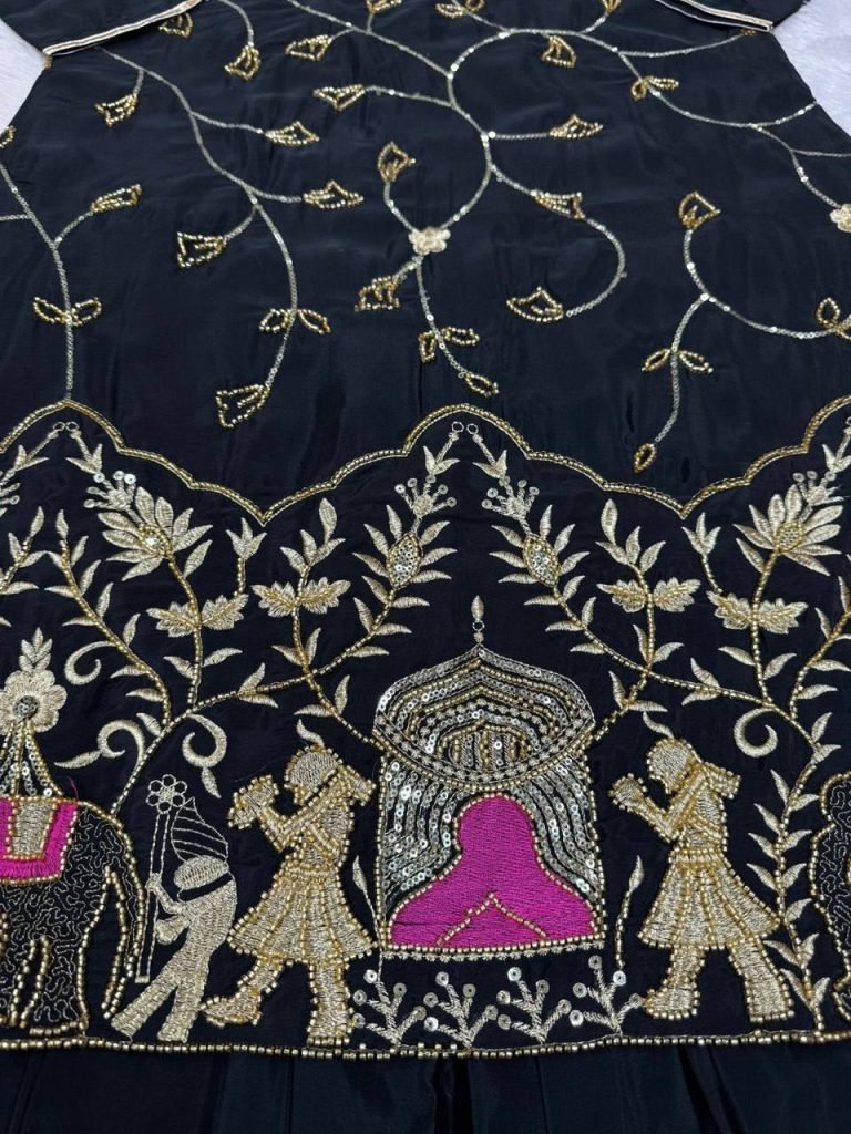 Black crep silk with thread sequence top sharara and dupatta set