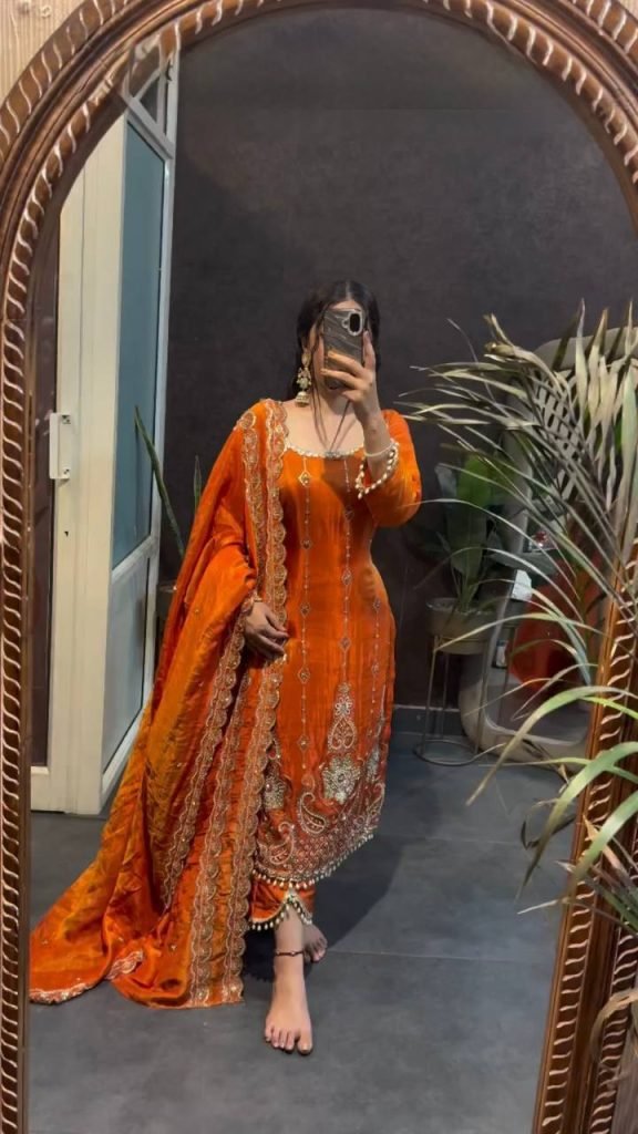Orange fendy silk thread with sequence top, pant and dupatta set