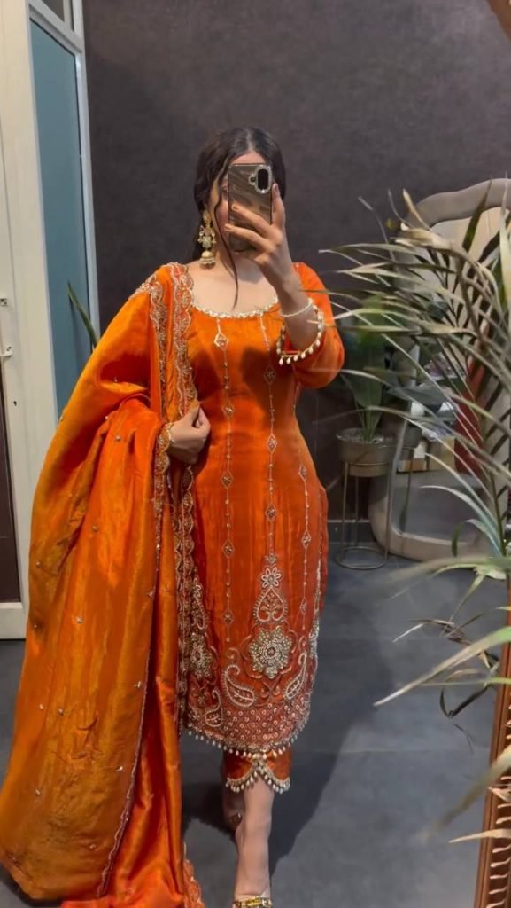 Orange fendy silk thread with sequence top, pant and dupatta set