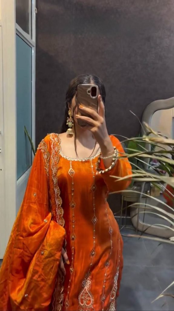 Orange fendy silk thread with sequence top, pant and dupatta set