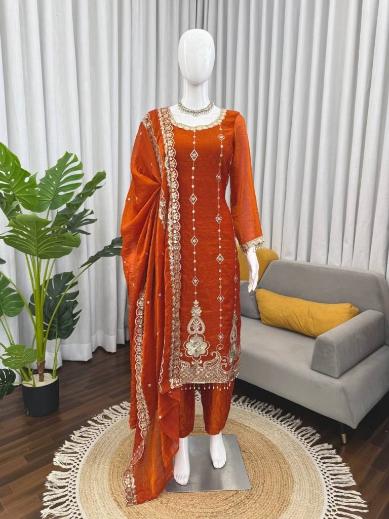 Orange fendy silk thread with sequence top, pant and dupatta set