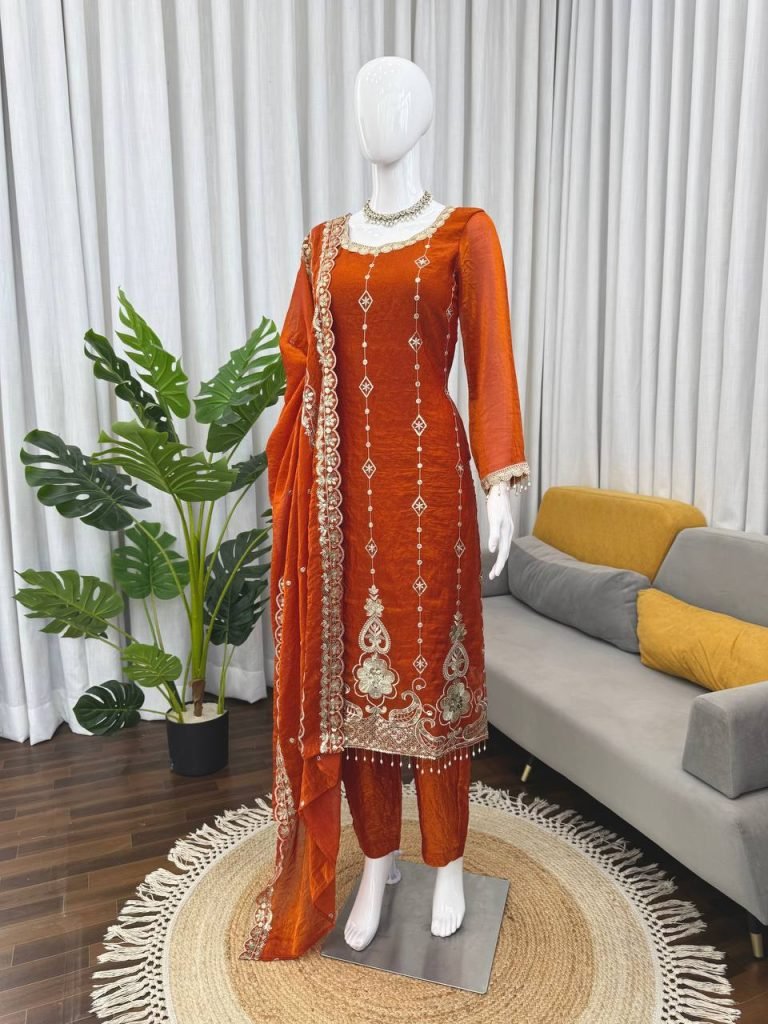 Orange fendy silk thread with sequence top, pant and dupatta set