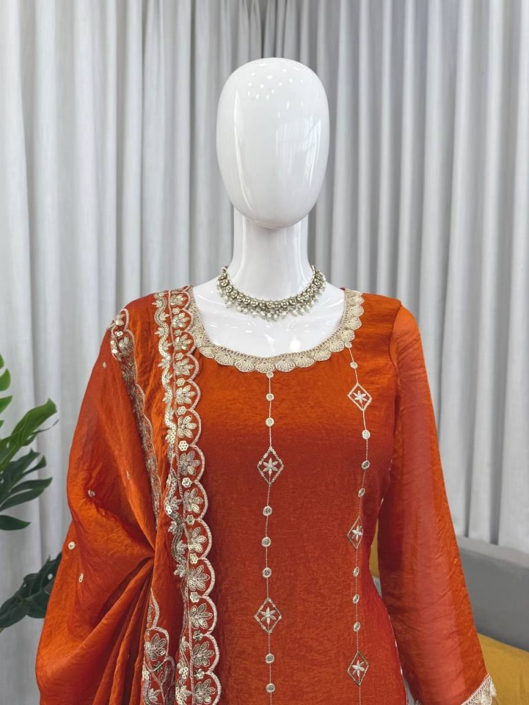 Orange fendy silk thread with sequence top, pant and dupatta set