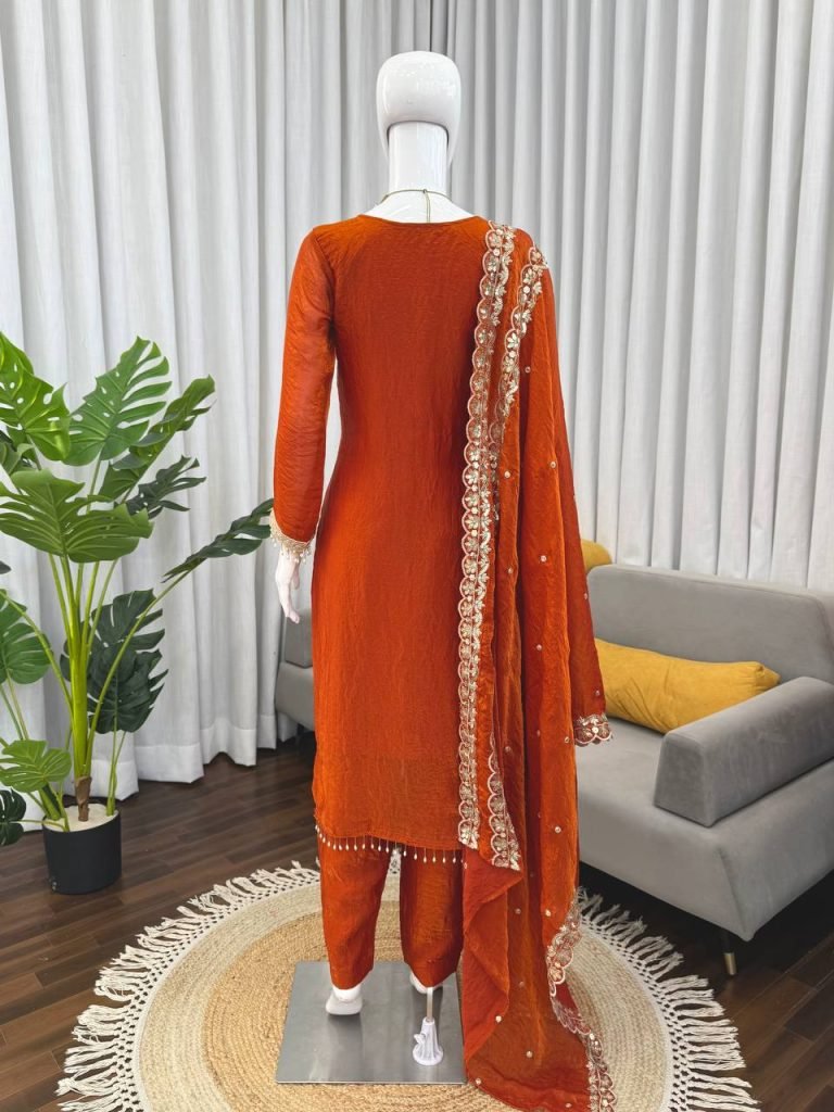 Orange fendy silk thread with sequence top, pant and dupatta set