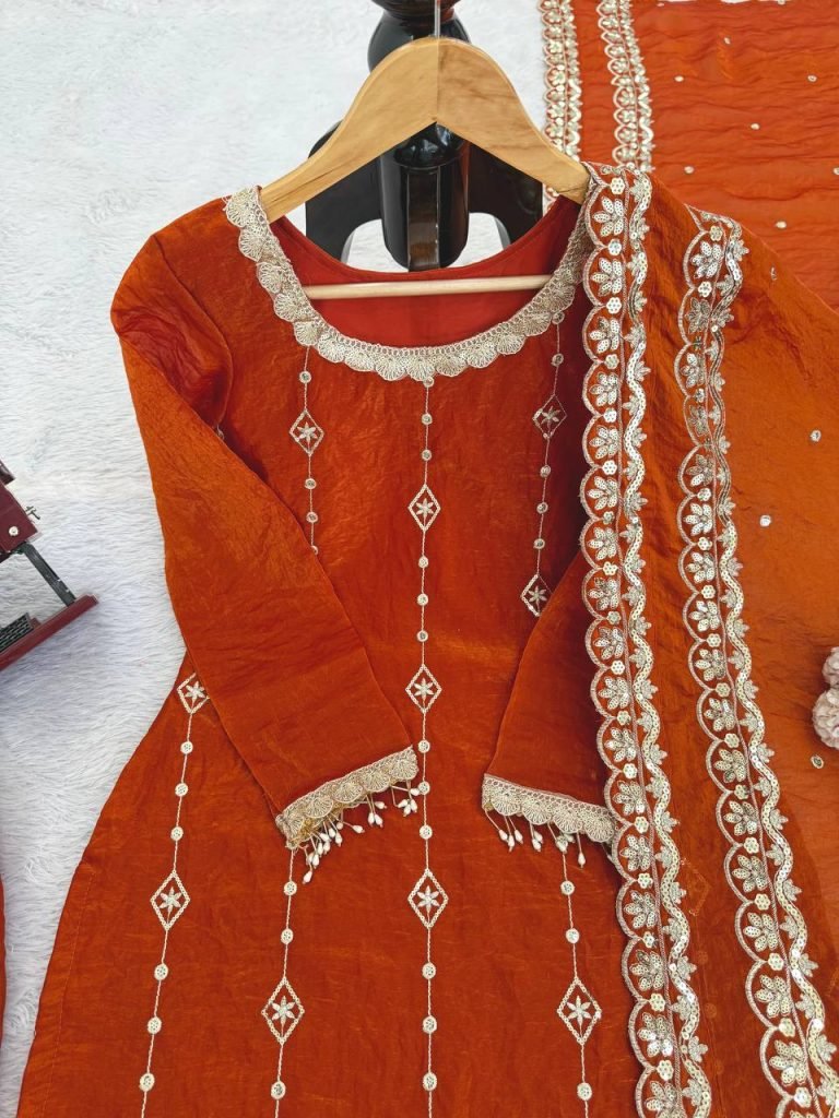 Orange fendy silk thread with sequence top, pant and dupatta set