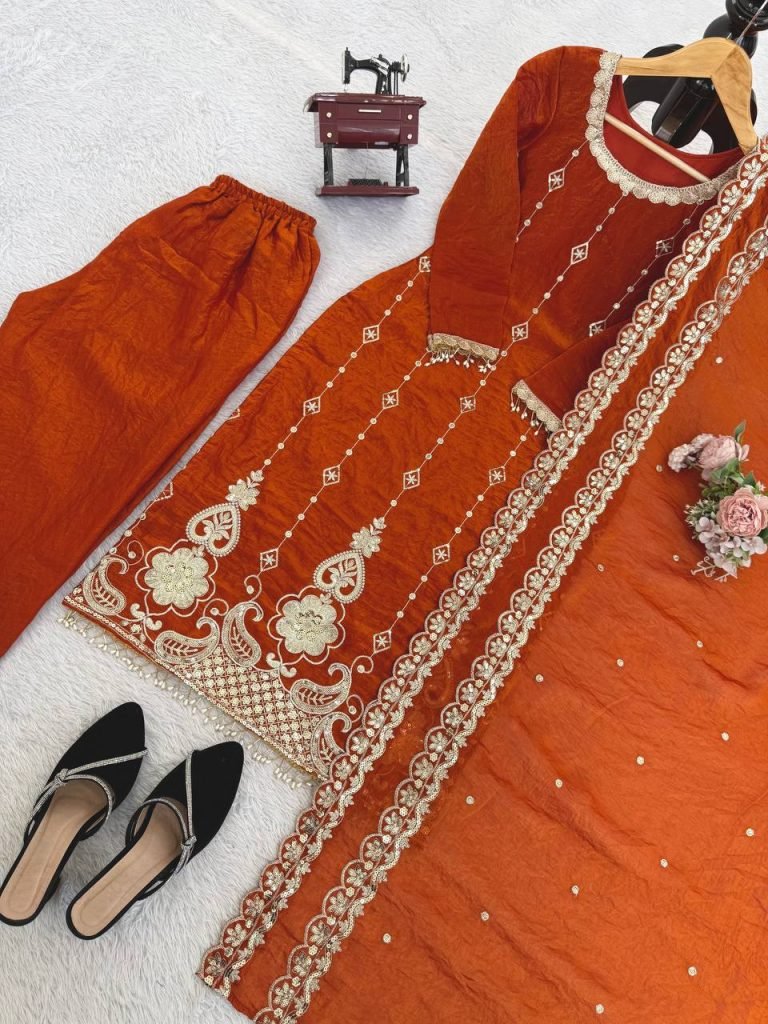 Orange fendy silk thread with sequence top, pant and dupatta set